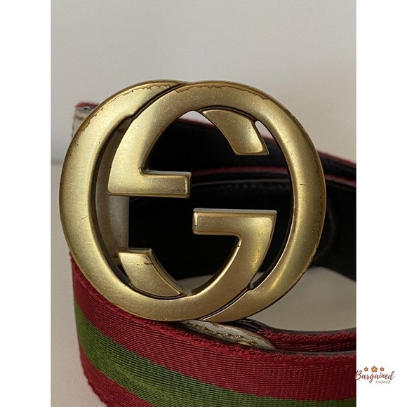 Authentic Gucci Red/Green Web Leather Gold Interlocking G Buckle Belt 85/34 - Picture 2 of 13